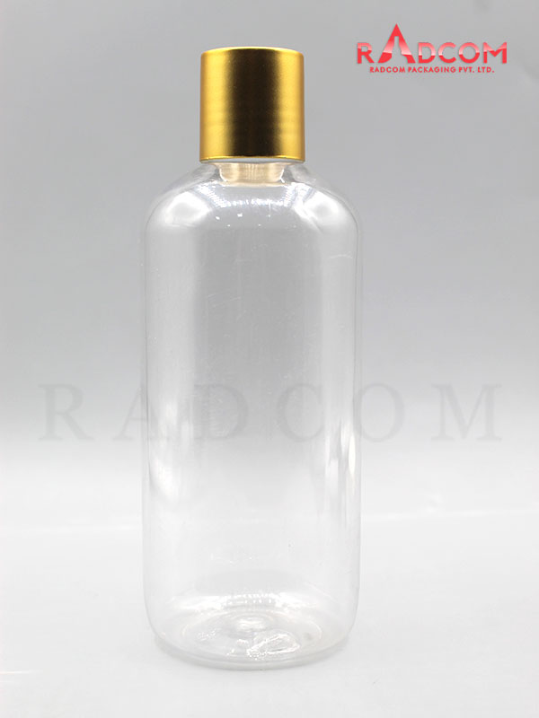 300ML Short Boston Clear Pet Bottle with Golden Screw Cap with Plug